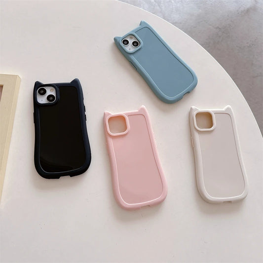 🌷Korean Cute 3D Kitten iPhone Case 🌸 – Cat Ear Solid Color Soft Silicone Shockproof Cover for iPhone 11–15 Pro Max