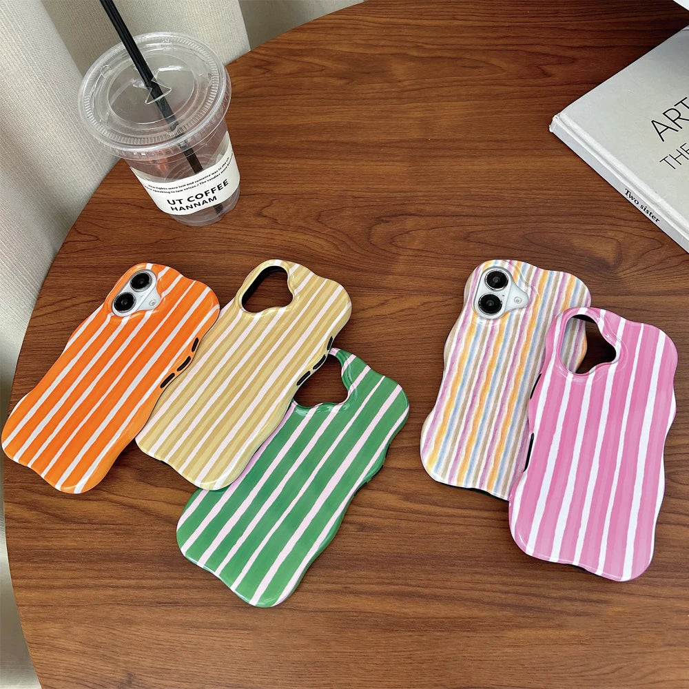 Fashion 2-in-1 Glossy Stripes iPhone Case – Slim Hard Back Cover with Wave Edges for iPhone 13–16 Pro Max, Comfortable Touch