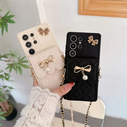 **3D Bowknot Crossbody Wallet Case** – Cute Card Holder Soft Cover for Samsung Galaxy S25/S24/S23/S22+/S21/S20 FE & Note 20