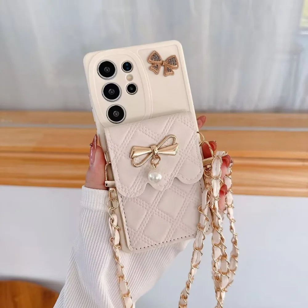 **3D Bowknot Crossbody Wallet Case** – Cute Card Holder Soft Cover for Samsung Galaxy S25/S24/S23/S22+/S21/S20 FE & Note 20