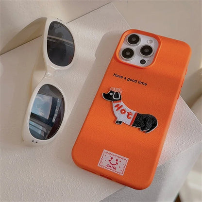 Cute Korean Dachshund iPhone Case – Litchi Pattern Soft Shockproof Cover for iPhone 11–16 Series, Pro Max