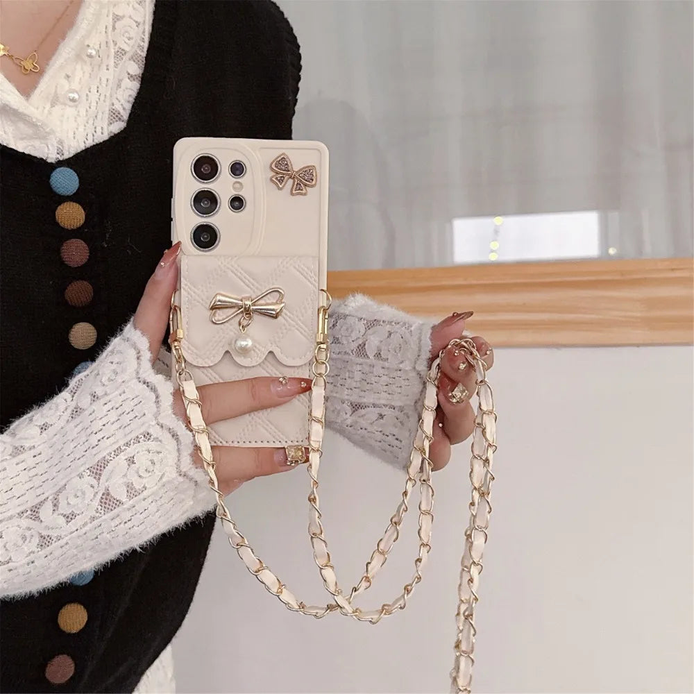 **3D Bowknot Crossbody Wallet Case** – Cute Card Holder Soft Cover for Samsung Galaxy S25/S24/S23/S22+/S21/S20 FE & Note 20