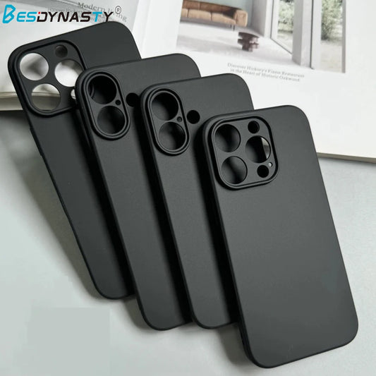 Luxury Full Black iPhone Case – Matte Silicone Soft TPU Back Cover for iPhone 11–17 Series, Pro Max, Plus, and Air