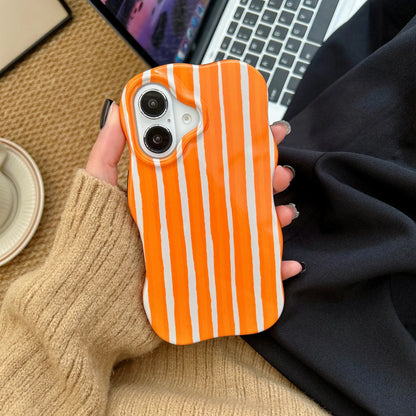 Fashion 2-in-1 Glossy Stripes iPhone Case – Slim Hard Back Cover with Wave Edges for iPhone 13–16 Pro Max, Comfortable Touch