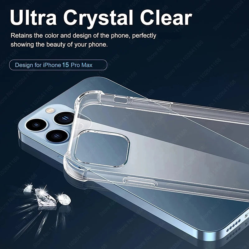Luxury Shockproof Clear iPhone Case – Transparent Silicone Bumper with Protective Back for iPhone 8–16 Series, Pro Max, Mini, XR, XS, 8 Plus