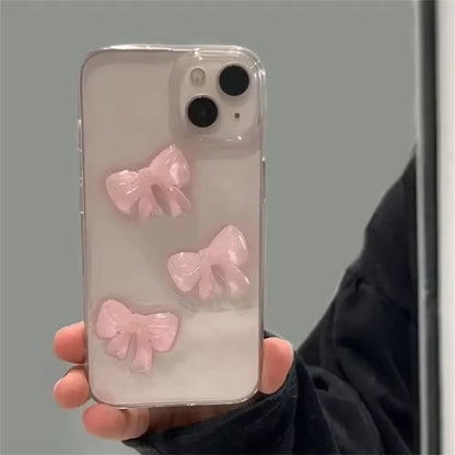 Korean Cute 3D Pink Bowknot iPhone Case – Clear Shockproof Cover for iPhone 7–17 Series, Pro Max, Plus, and Air