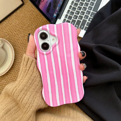 Fashion 2-in-1 Glossy Stripes iPhone Case – Slim Hard Back Cover with Wave Edges for iPhone 13–16 Pro Max, Comfortable Touch