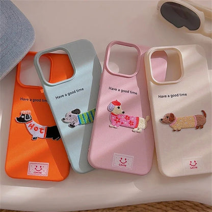 Cute Korean Dachshund iPhone Case – Litchi Pattern Soft Shockproof Cover for iPhone 11–16 Series, Pro Max
