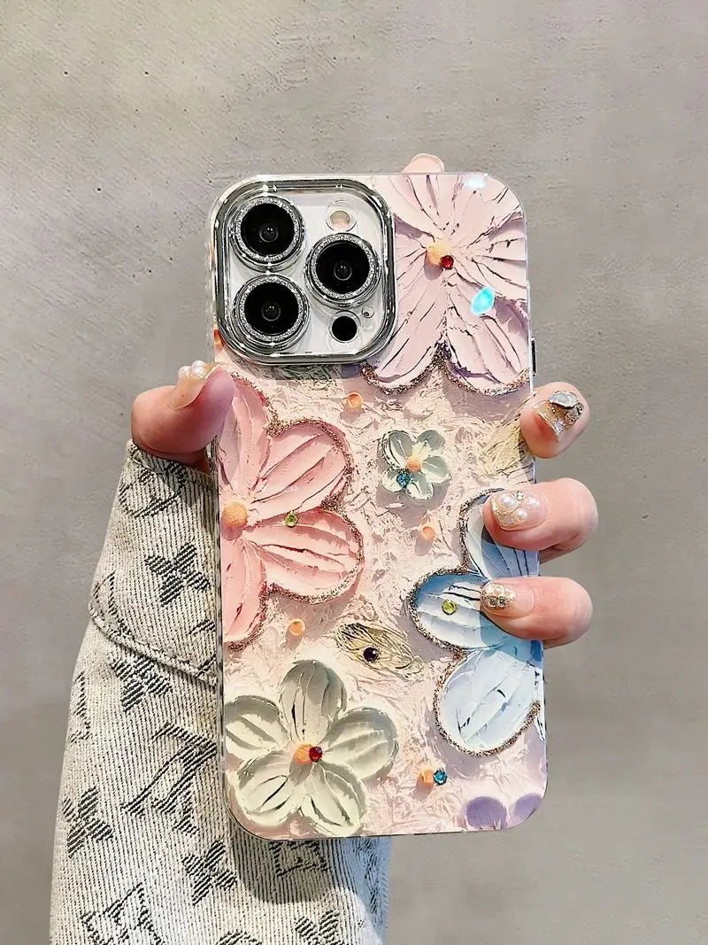🌷Luxury Flower Glitter iPhone Case🌺 – Laser Diamond Shockproof Cover with Lens Protection for iPhone 11–17, Pro Max, Plus, and Air