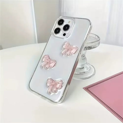 Korean Cute 3D Pink Bowknot iPhone Case – Clear Shockproof Cover for iPhone 7–17 Series, Pro Max, Plus, and Air