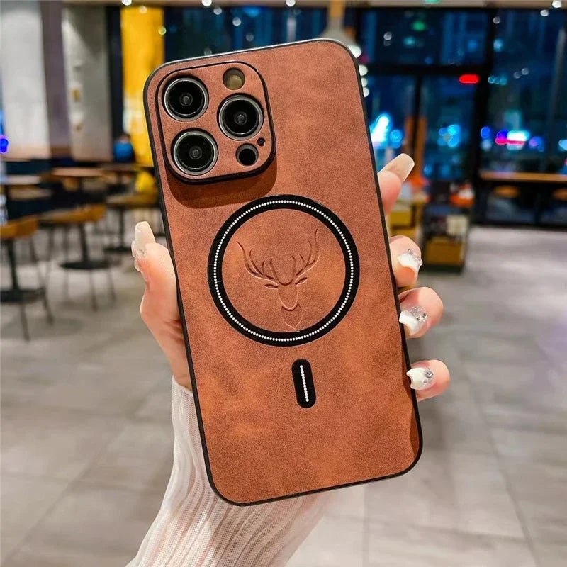 Magnetic Leather iPhone Case – Deer Head Design, Soft Shockproof Cover with Wireless Charging for iPhone 11–16 Series, Pro Max