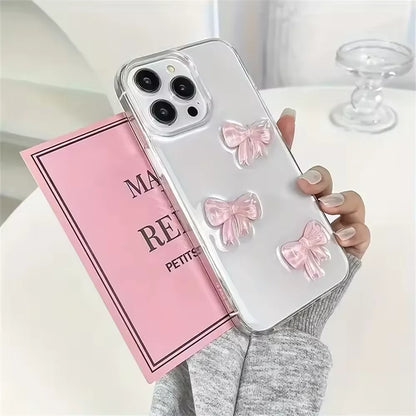 Korean Cute 3D Pink Bowknot iPhone Case – Clear Shockproof Cover for iPhone 7–17 Series, Pro Max, Plus, and Air