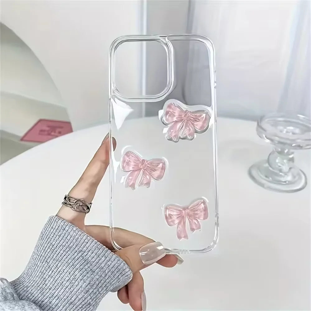 Korean Cute 3D Pink Bowknot iPhone Case – Clear Shockproof Cover for iPhone 7–17 Series, Pro Max, Plus, and Air