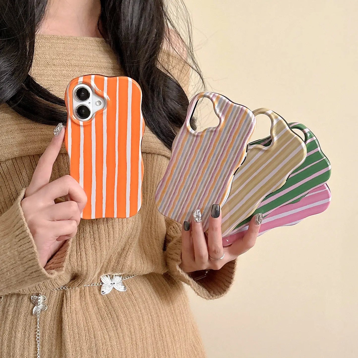 Fashion 2-in-1 Glossy Stripes iPhone Case – Slim Hard Back Cover with Wave Edges for iPhone 13–16 Pro Max, Comfortable Touch