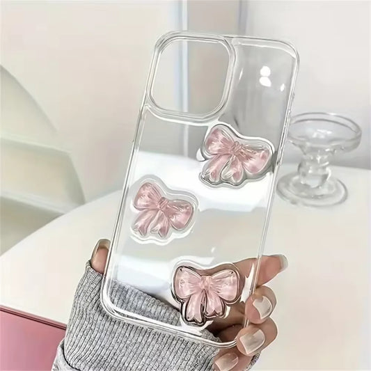 Korean Cute 3D Pink Bowknot iPhone Case – Clear Shockproof Cover for iPhone 7–17 Series, Pro Max, Plus, and Air