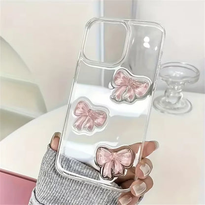 Korean Cute 3D Pink Bowknot iPhone Case – Clear Shockproof Cover for iPhone 7–17 Series, Pro Max, Plus, and Air