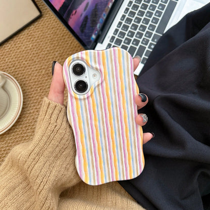 Fashion 2-in-1 Glossy Stripes iPhone Case – Slim Hard Back Cover with Wave Edges for iPhone 13–16 Pro Max, Comfortable Touch