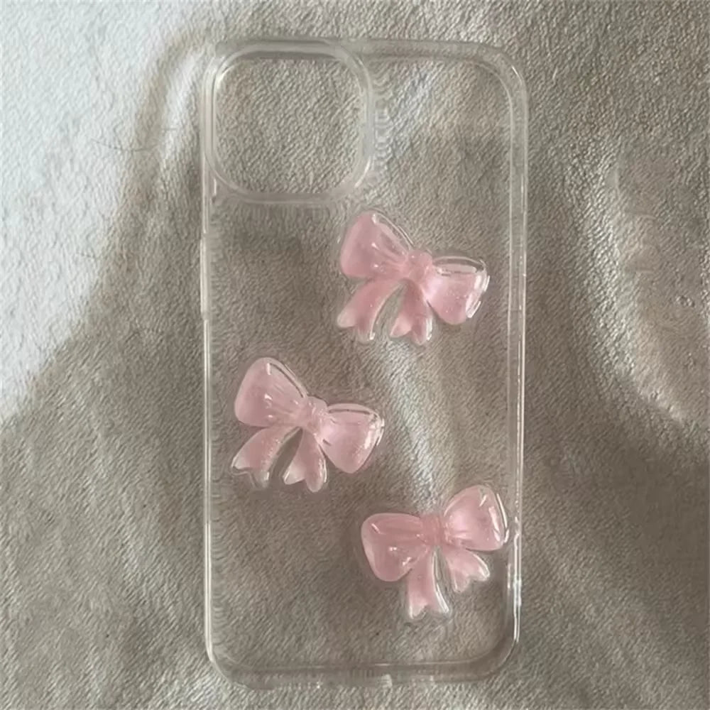Korean Cute 3D Pink Bowknot iPhone Case – Clear Shockproof Cover for iPhone 7–17 Series, Pro Max, Plus, and Air