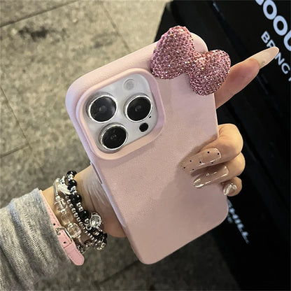 🌸Luxury Rhinestone Bow iPhone Case 🌸 – Litchi Pattern Leather Shockproof Soft Cover for iPhone 7–17 Series, Pro Max, XS, X, Plus