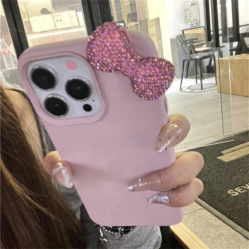 🌸Luxury Rhinestone Bow iPhone Case 🌸 – Litchi Pattern Leather Shockproof Soft Cover for iPhone 7–17 Series, Pro Max, XS, X, Plus