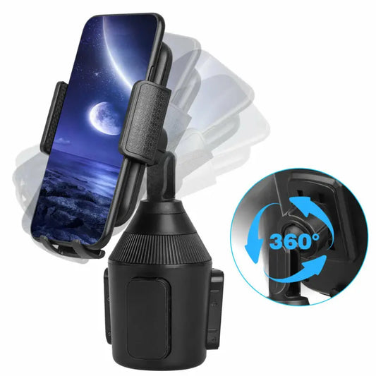 Car Cup Holder Phone Mount – 360° Adjustable Stand with Drink Holder for iPhone & Android