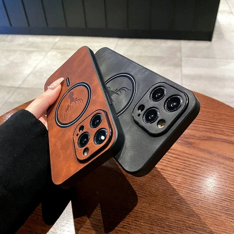Magnetic Leather iPhone Case – Deer Head Design, Soft Shockproof Cover with Wireless Charging for iPhone 11–16 Series, Pro Max