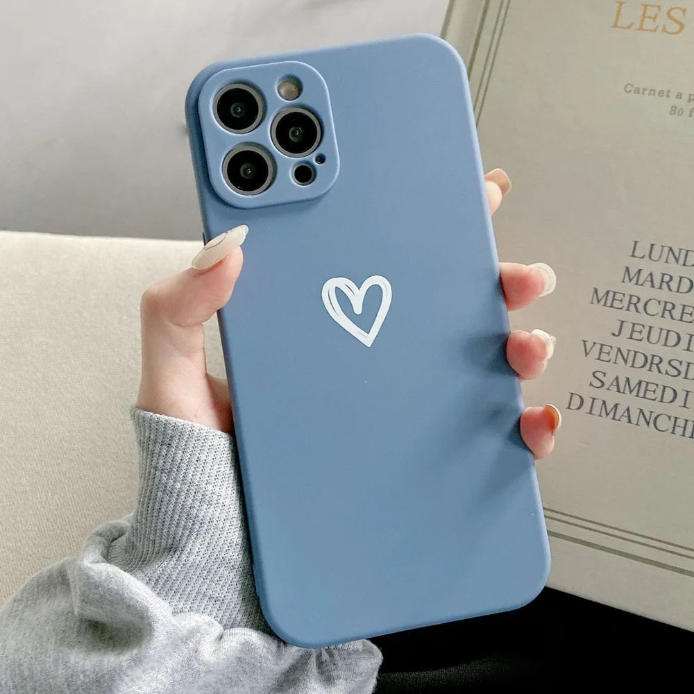 Cute Love Heart iPhone Case – Soft Bumper Candy Matte Shockproof Cover for iPhone 7–16 Series, Pro, Pro Max, Mini, XR, XS