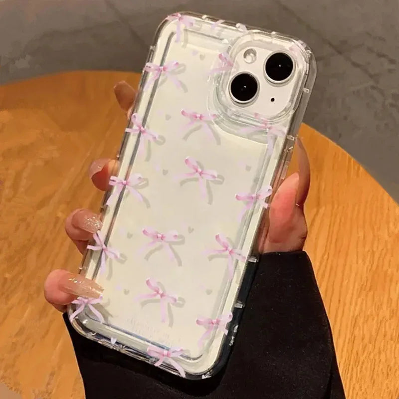 🌸Cute Pink Heart Bow iPhone Case 🌸 – Shockproof Soft Clear Cover for iPhone 11–17 Series, Mini, Pro Max, and Air