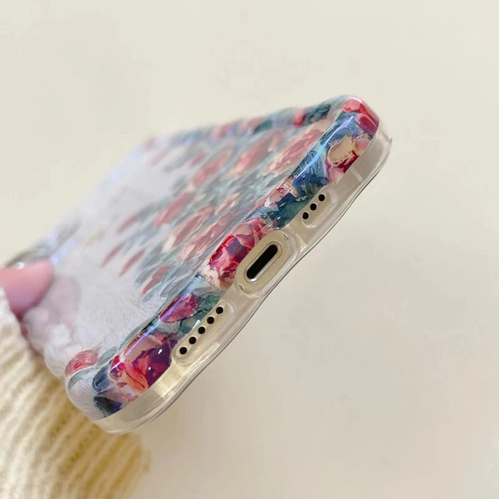 Retro Oil Painting iPhone Case – Luxury Flower Print Shockproof Silicone Cover for iPhone 11–16 Pro Max, Artistic Design