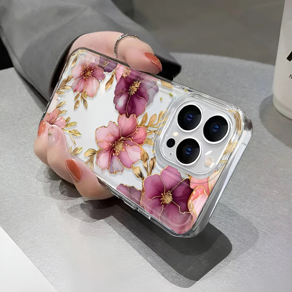 Transparent iPhone Case with Flower Pattern – Clear Protective Cover for iPhone 7–16 Series, Pro Max, XS, XR, SE2