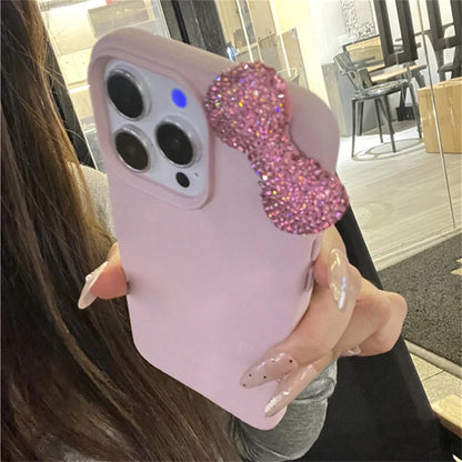 🌸Luxury Rhinestone Bow iPhone Case 🌸 – Litchi Pattern Leather Shockproof Soft Cover for iPhone 7–17 Series, Pro Max, XS, X, Plus