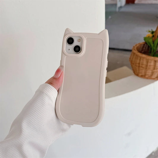 🌷Korean Cute 3D Kitten iPhone Case 🌸 – Cat Ear Solid Color Soft Silicone Shockproof Cover for iPhone 11–15 Pro Max