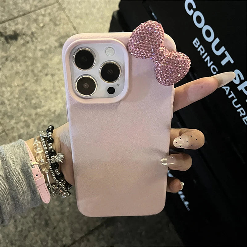🌸Luxury Rhinestone Bow iPhone Case 🌸 – Litchi Pattern Leather Shockproof Soft Cover for iPhone 7–17 Series, Pro Max, XS, X, Plus